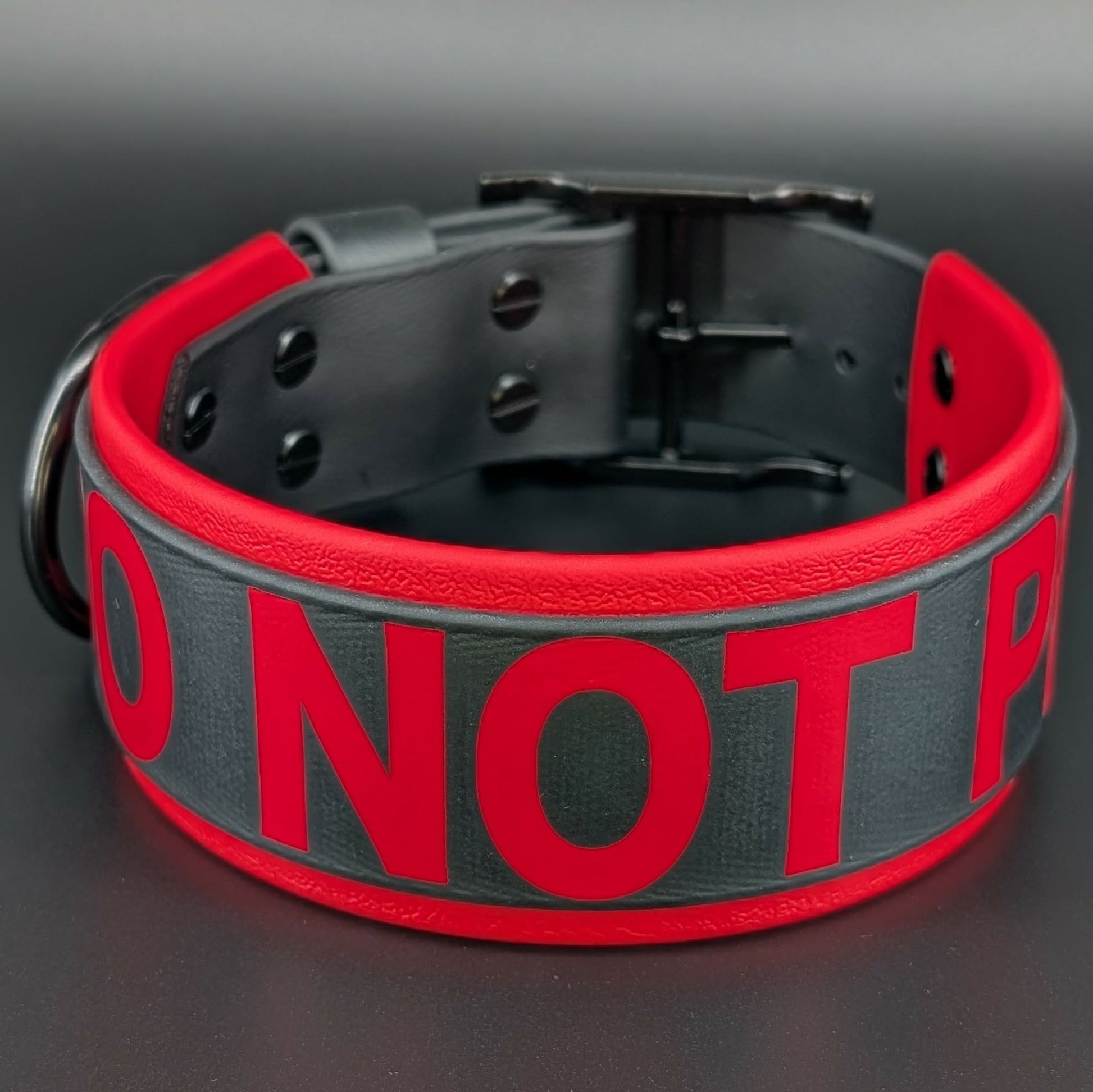 2 inch wide black and red layered biothane do not pet collar