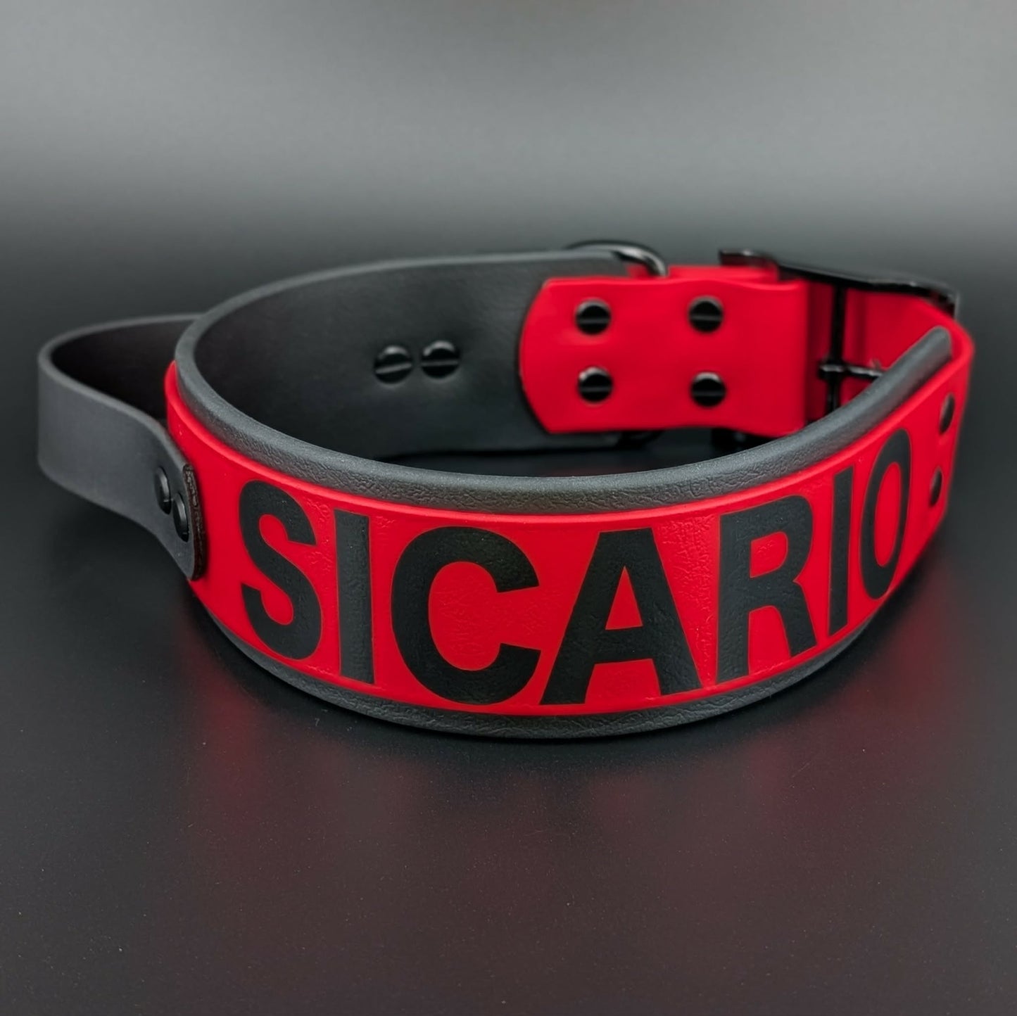 2 inch wide black and red layered biothane dog collar with tactical handle and custom text