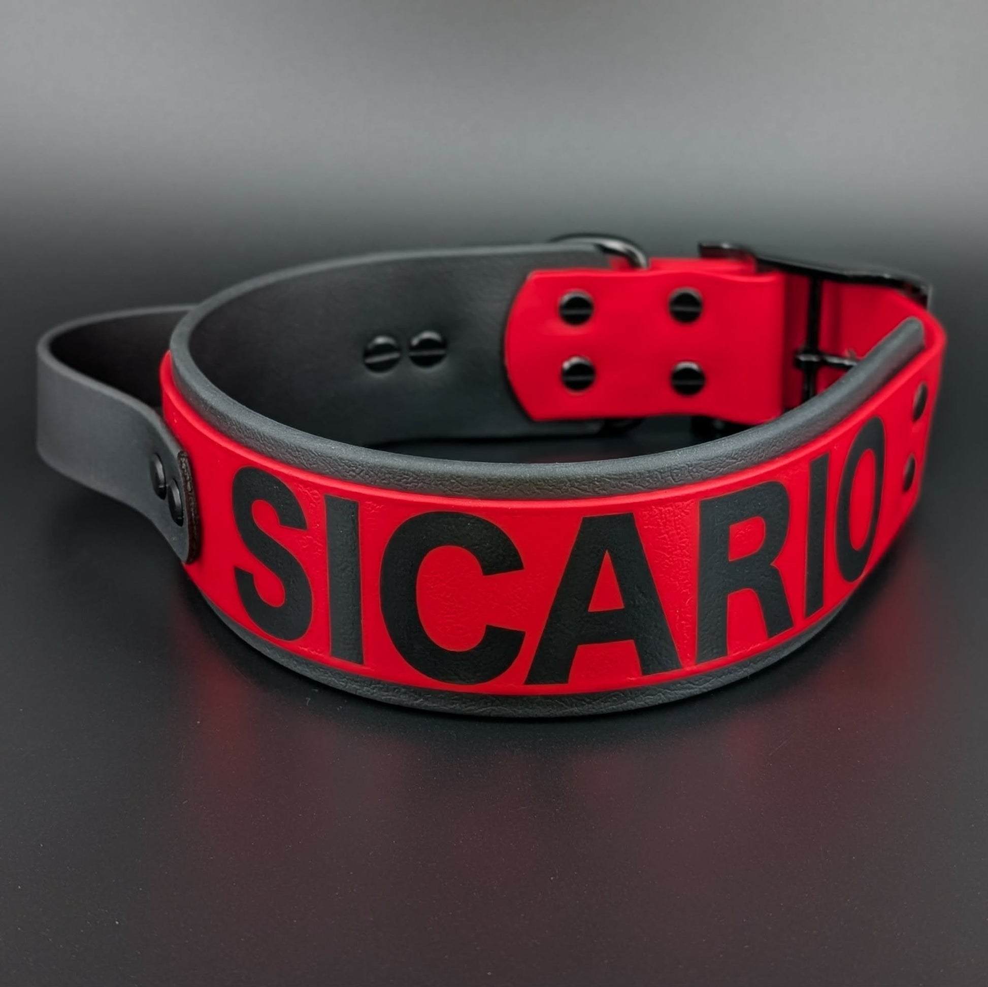 2 inch wide black and red layered biothane dog collar with tactical handle and custom text