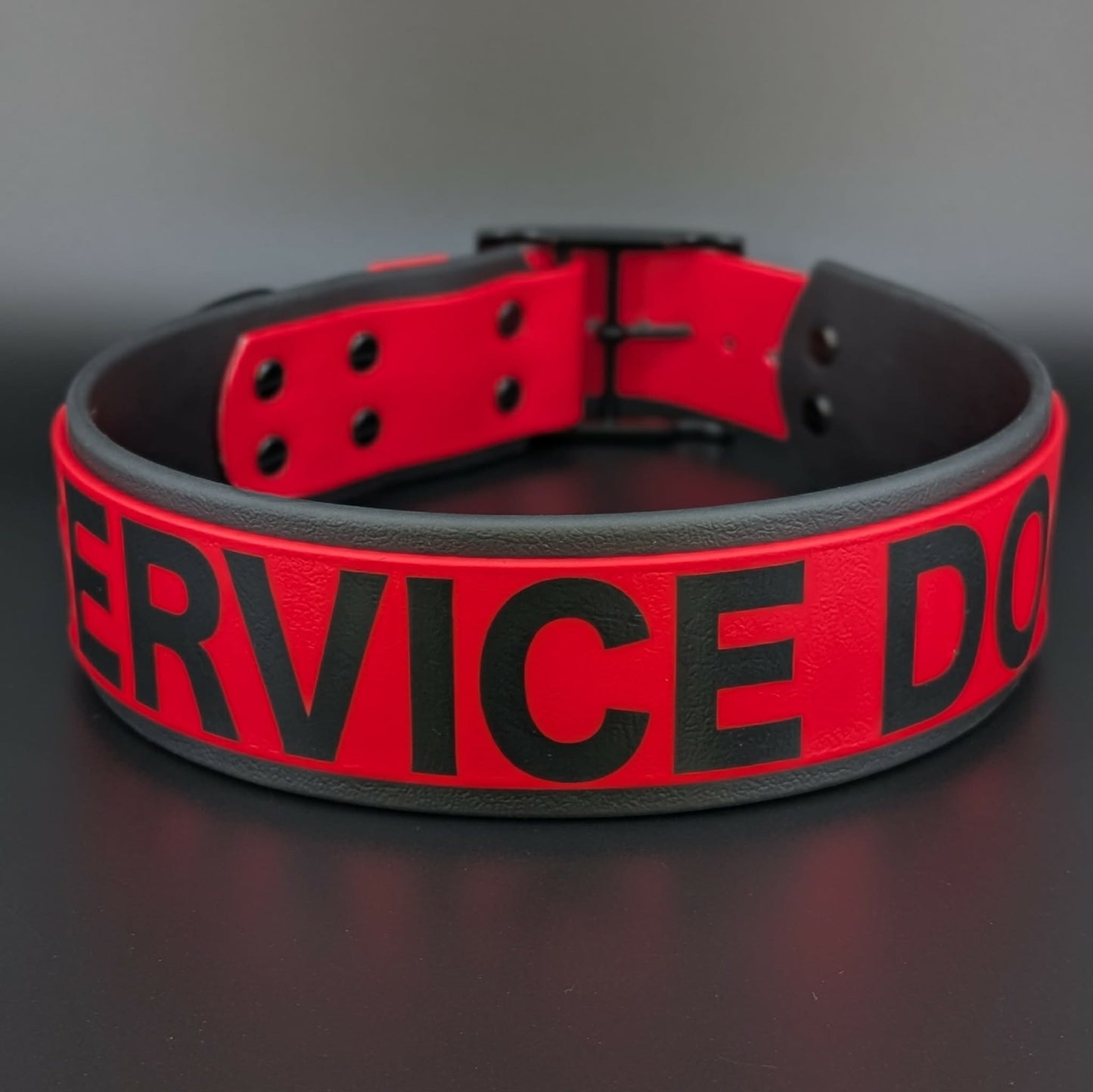 2 inch wide black and red layered biothane service dog collar