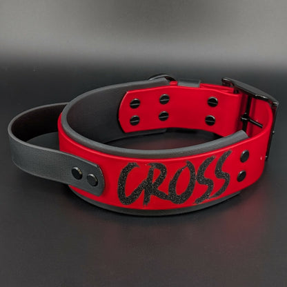 2 inch wide black and red layered biothane tactical handle dog collar with personalized text