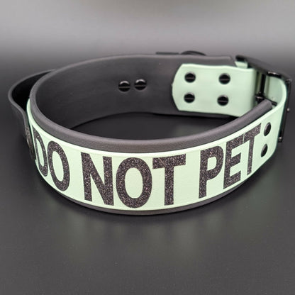 2 inch wide black and sage green layered biothane dog collar with tactical handle and do not pet text in black glitter
