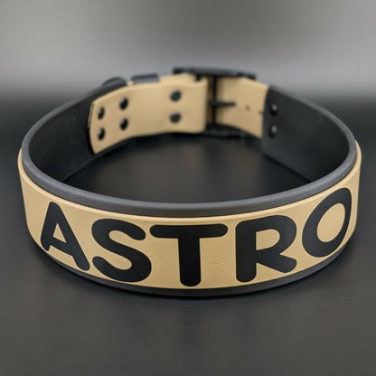 2 inch wide black and tan layered biothane dog collar with personalized text