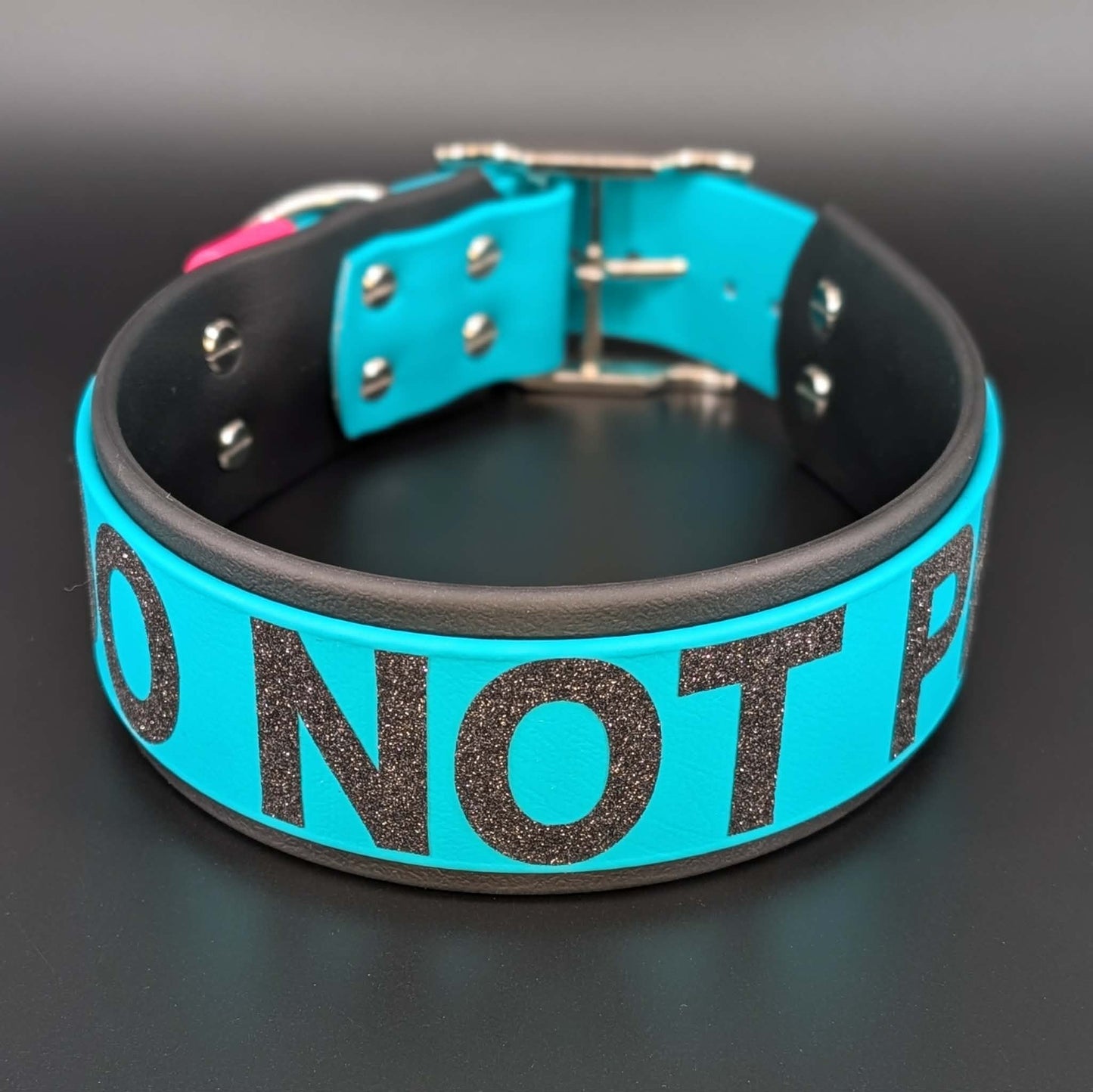 2 inch wide black and teal layered biothane do not pet collar
