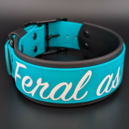 2 inch wide black and teal layered biothane feral as fuck dog collar