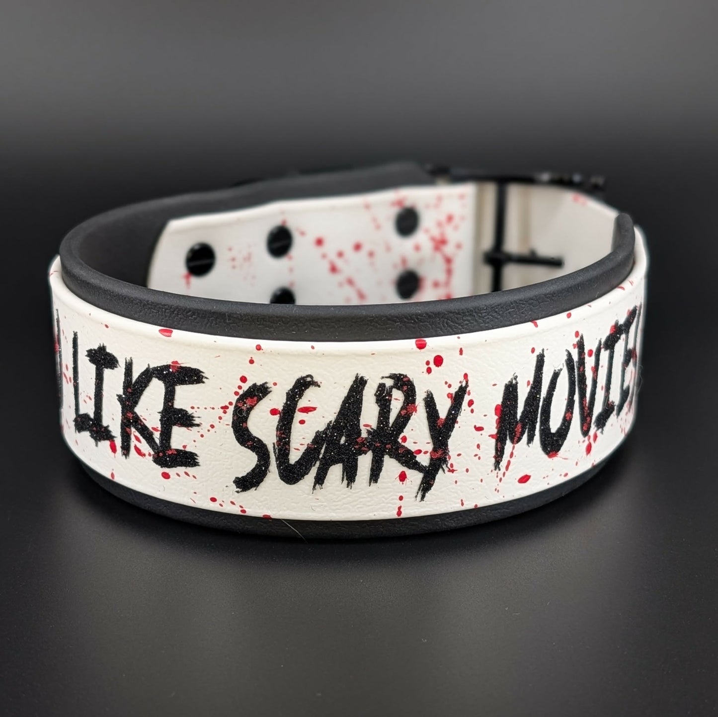 2 inch wide black and white layered biothane do you like scary movies collar 15-18 inch neck