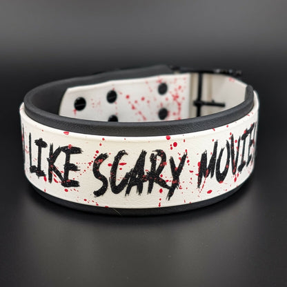 2 inch wide black and white layered biothane do you like scary movies collar 15-18 inch neck