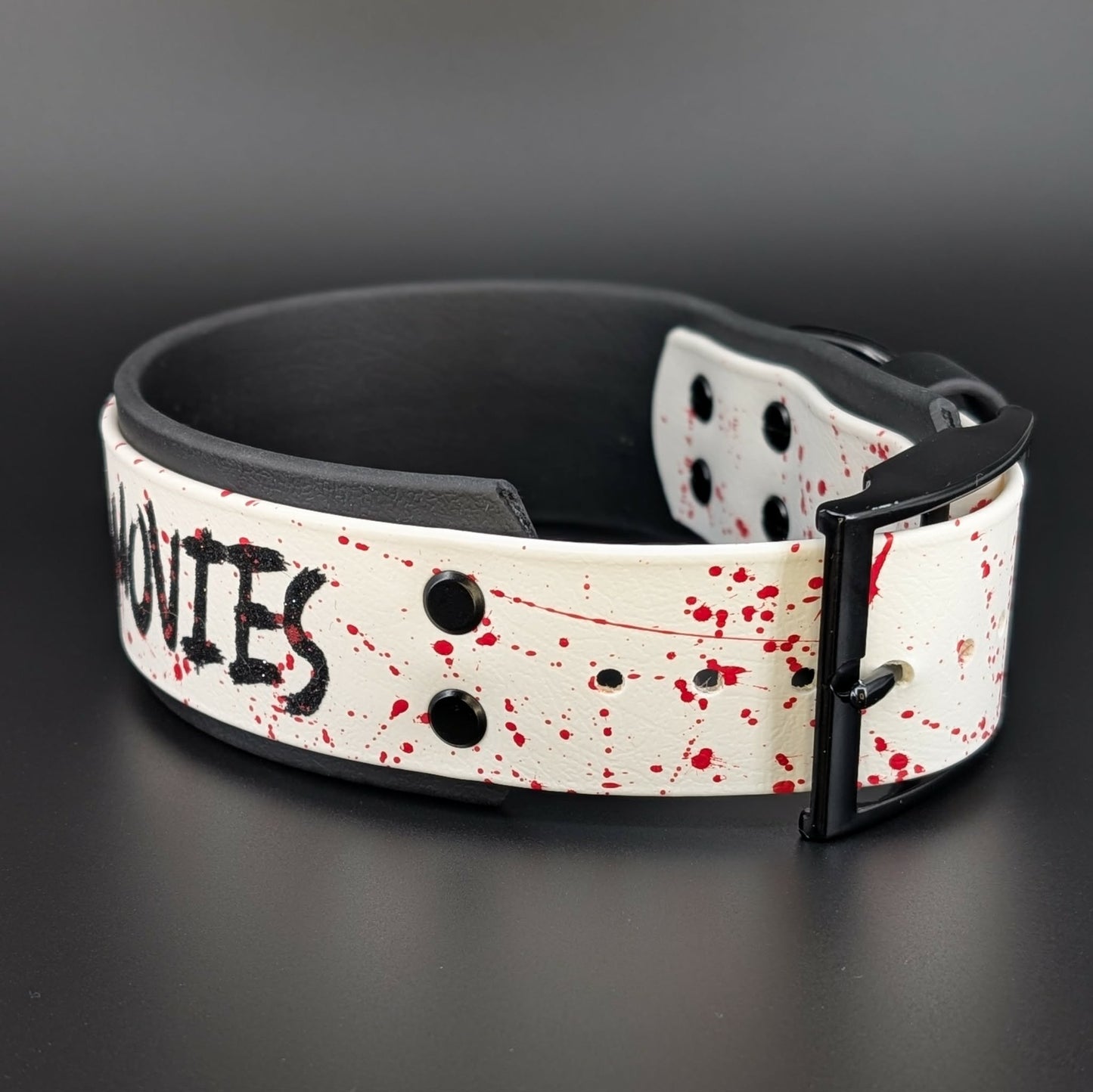 2 inch wide black and white layered biothane do you like scary movies collar black hardware