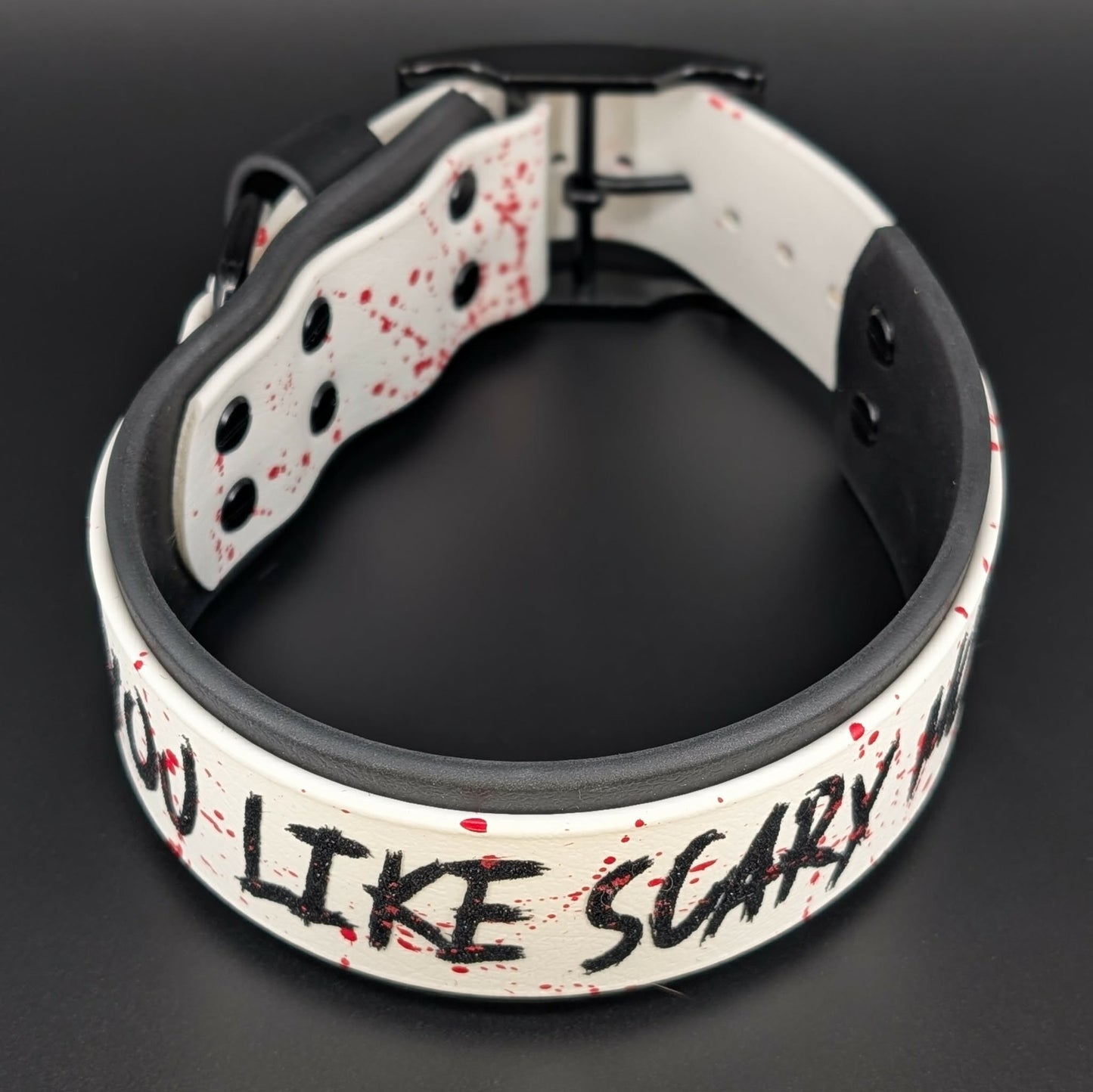 2 inch wide black and white layered biothane do you like scary movies collar red splatter paint black hardware