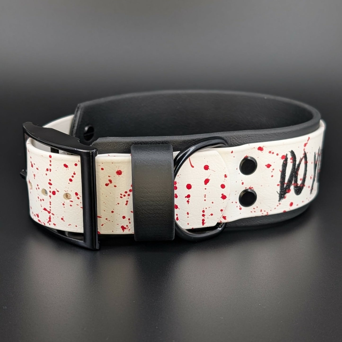 2 inch wide black and white layered biothane do you like scary movies collar red splatter paint