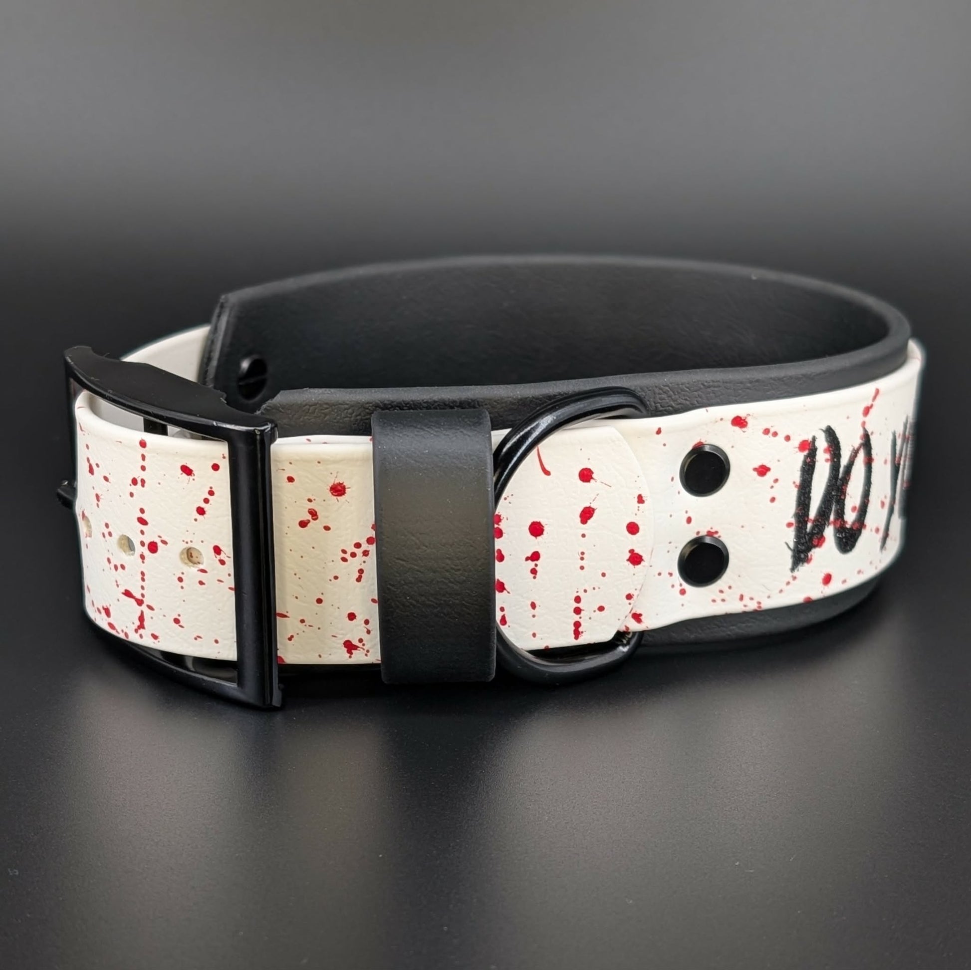 2 inch wide black and white layered biothane do you like scary movies collar red splatter paint