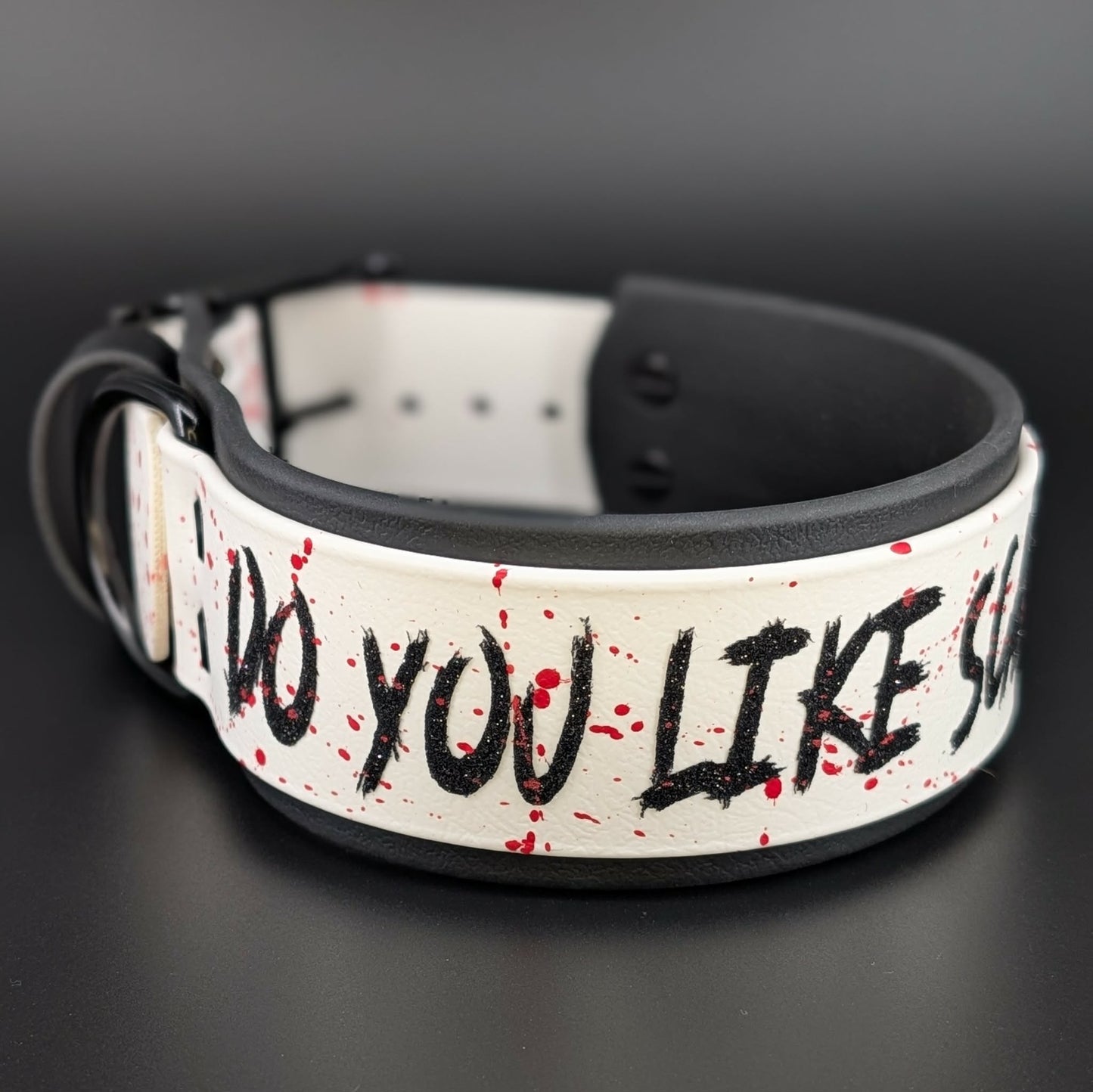 2 inch wide black and white layered biothane do you like scary movies collar