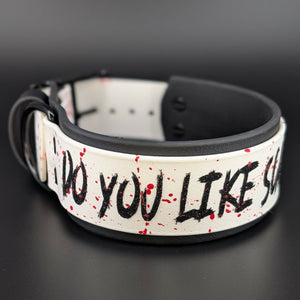 2 inch wide black and white layered biothane do you like scary movies collar