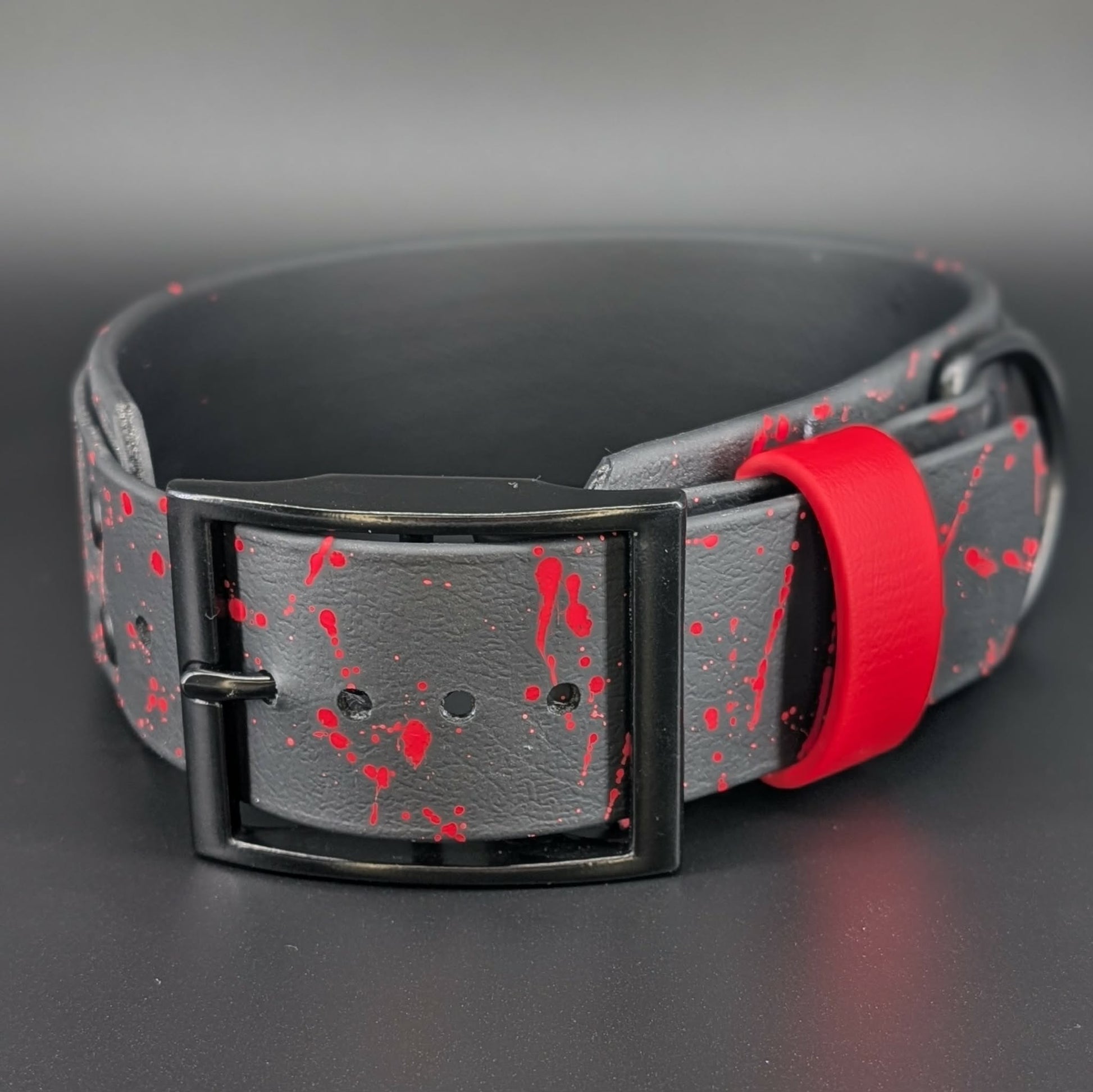 2 inch wide black layered biothane dog collar with red glitter do not pet text