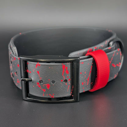 2 inch wide black layered biothane dog collar with red glitter do not pet text