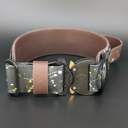 2 inch wide brown and black biothane dog collar with handle and cobra buckle