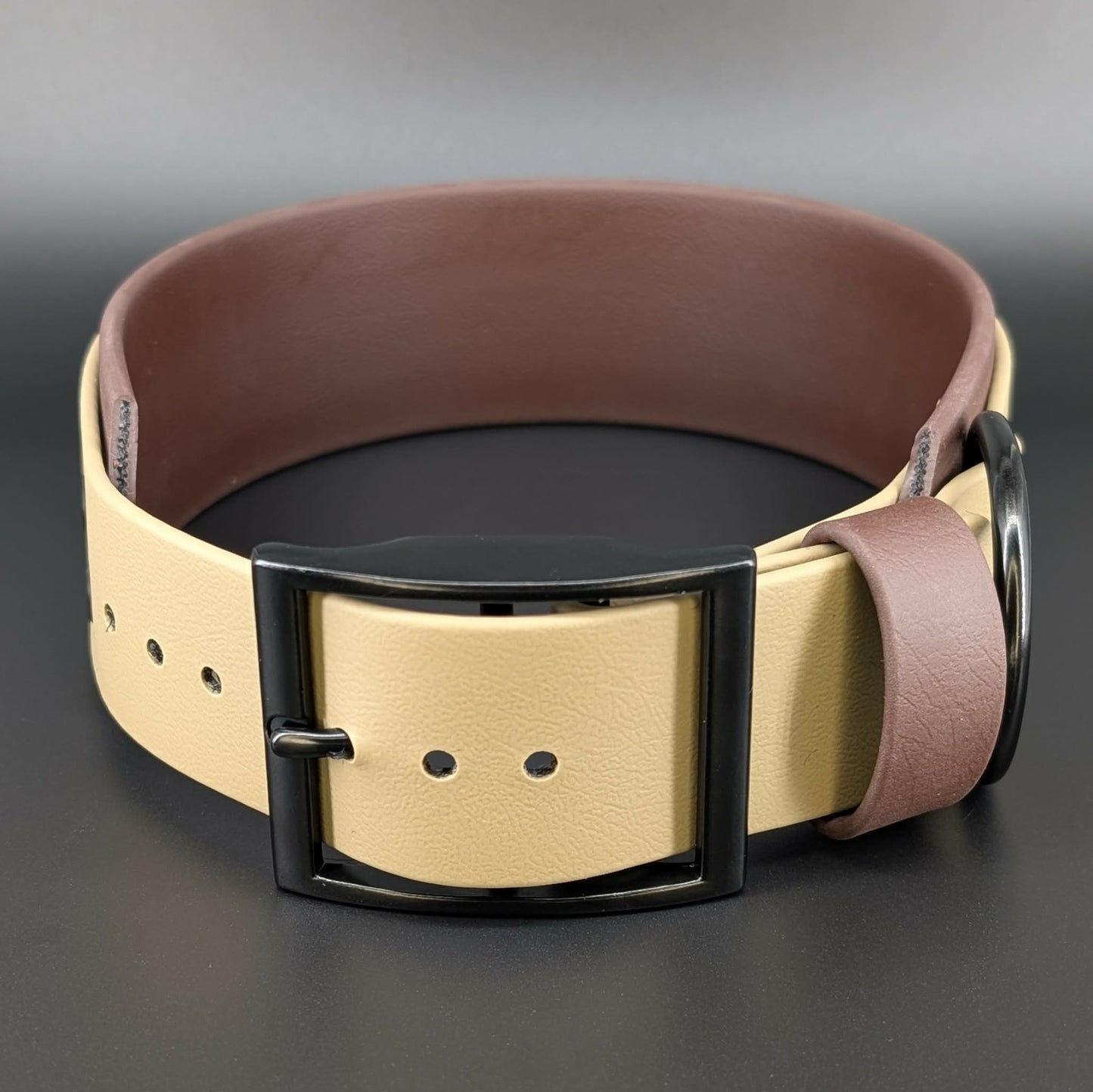 2 inch wide brown and tan biothane dog collar