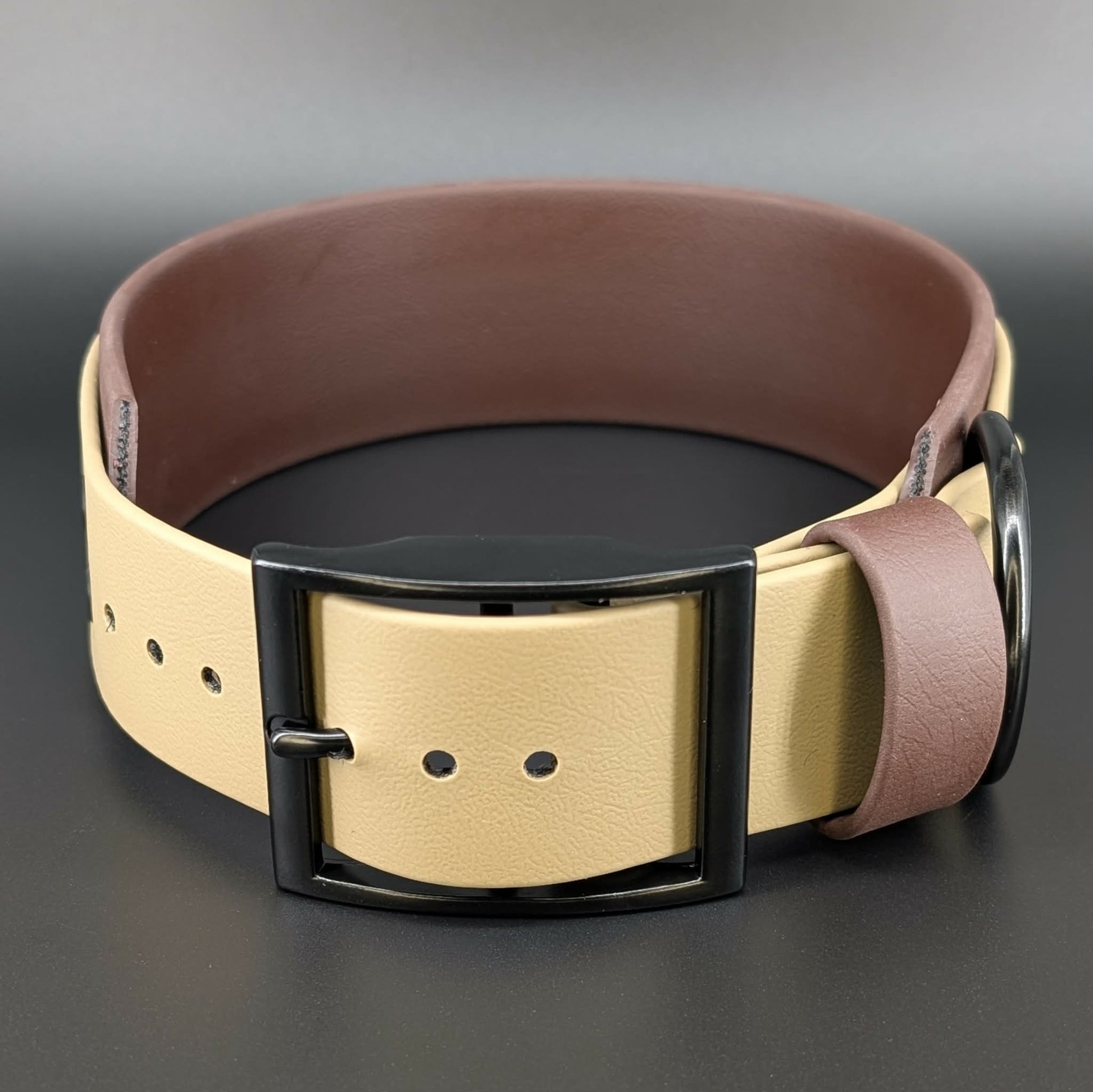 2 inch wide brown and tan biothane dog collar