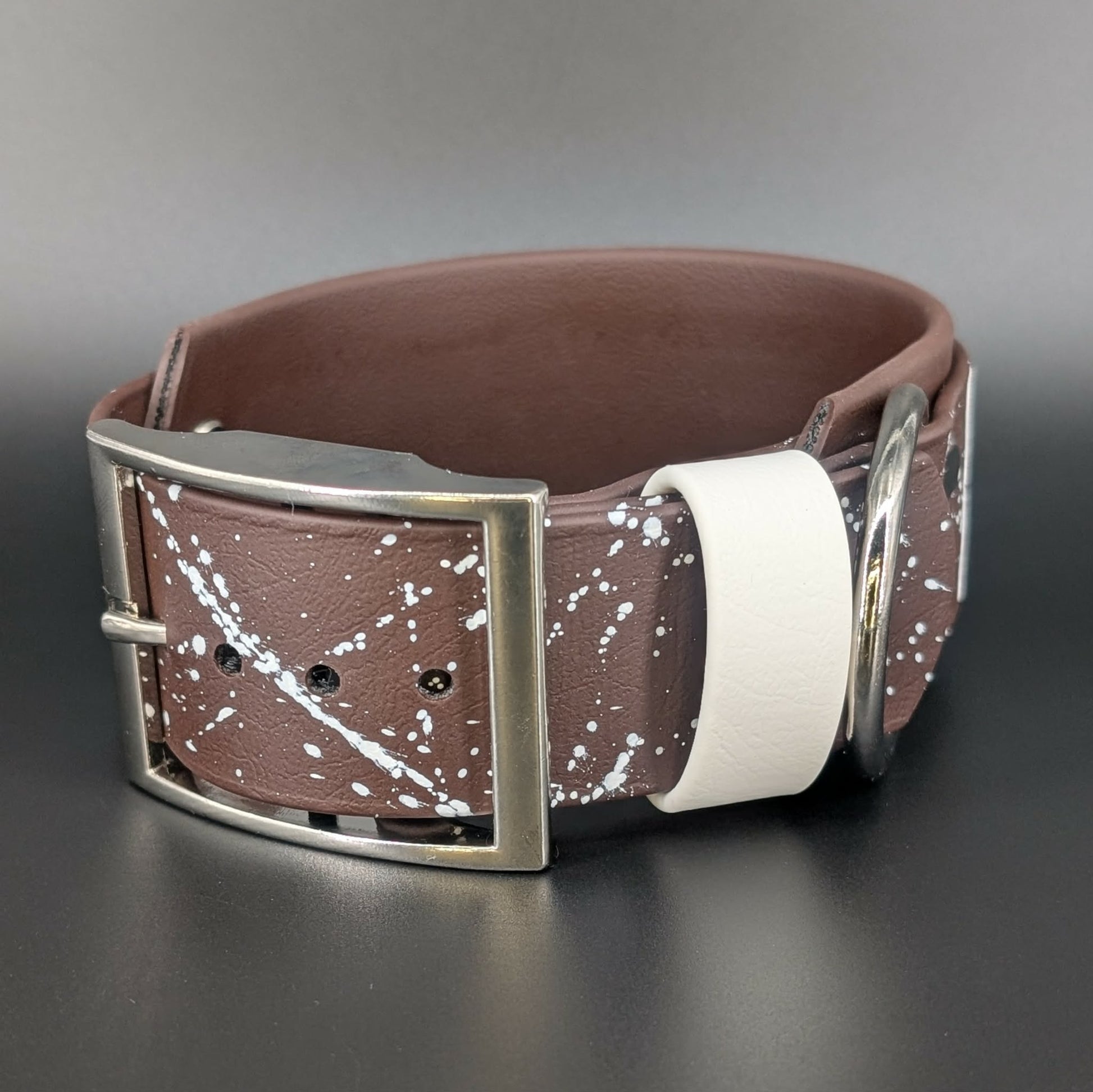 2 inch wide brown layered biothane pet your own fucking dog collar with white splatter paint
