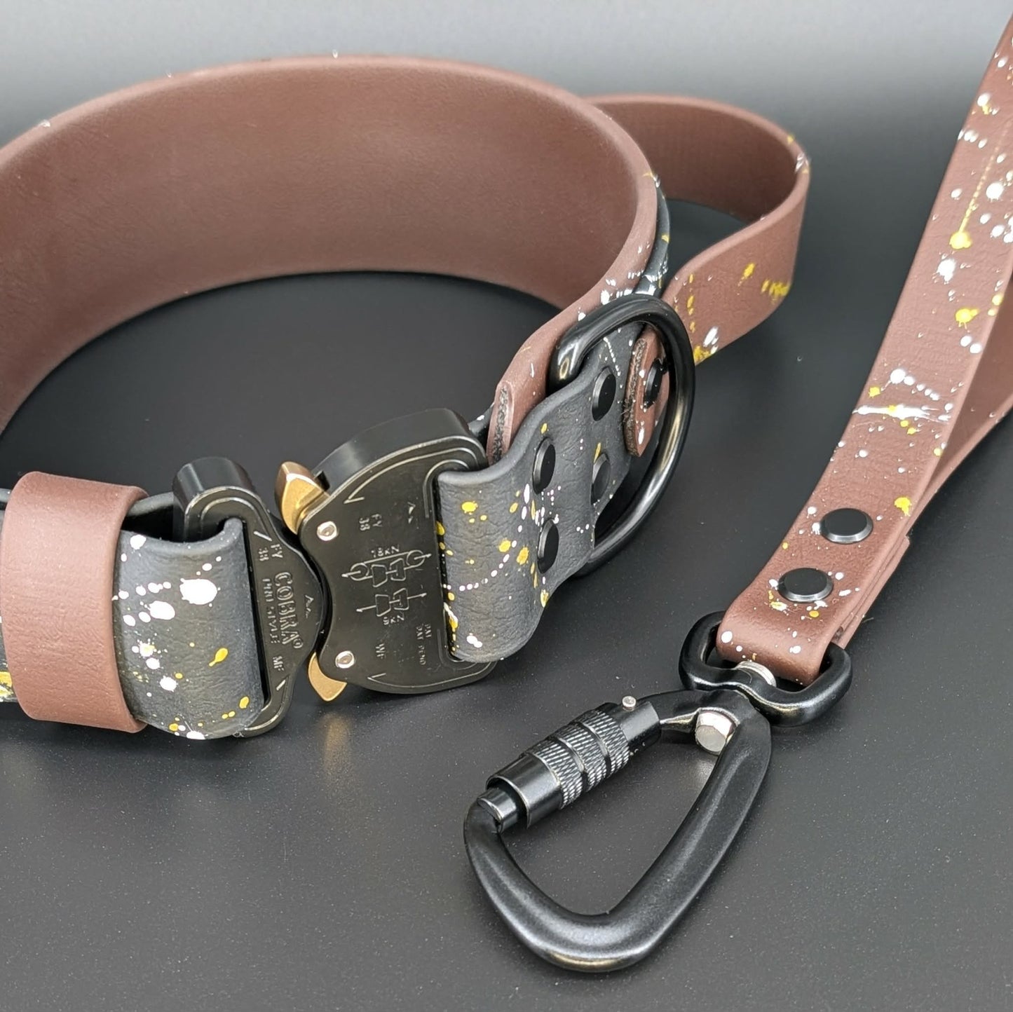 2 inch wide dark brown and black layered biothane collar and traffic handle set cobra buckle and carabiner clip