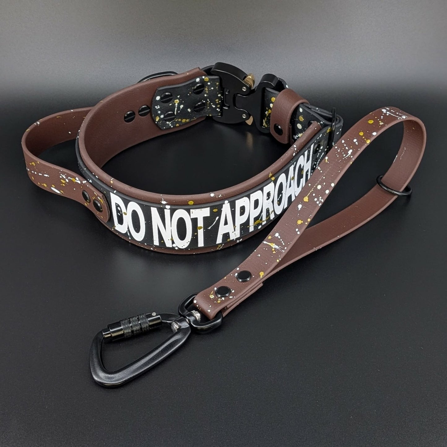 2 inch wide dark brown and black layered biothane collar and traffic handle set