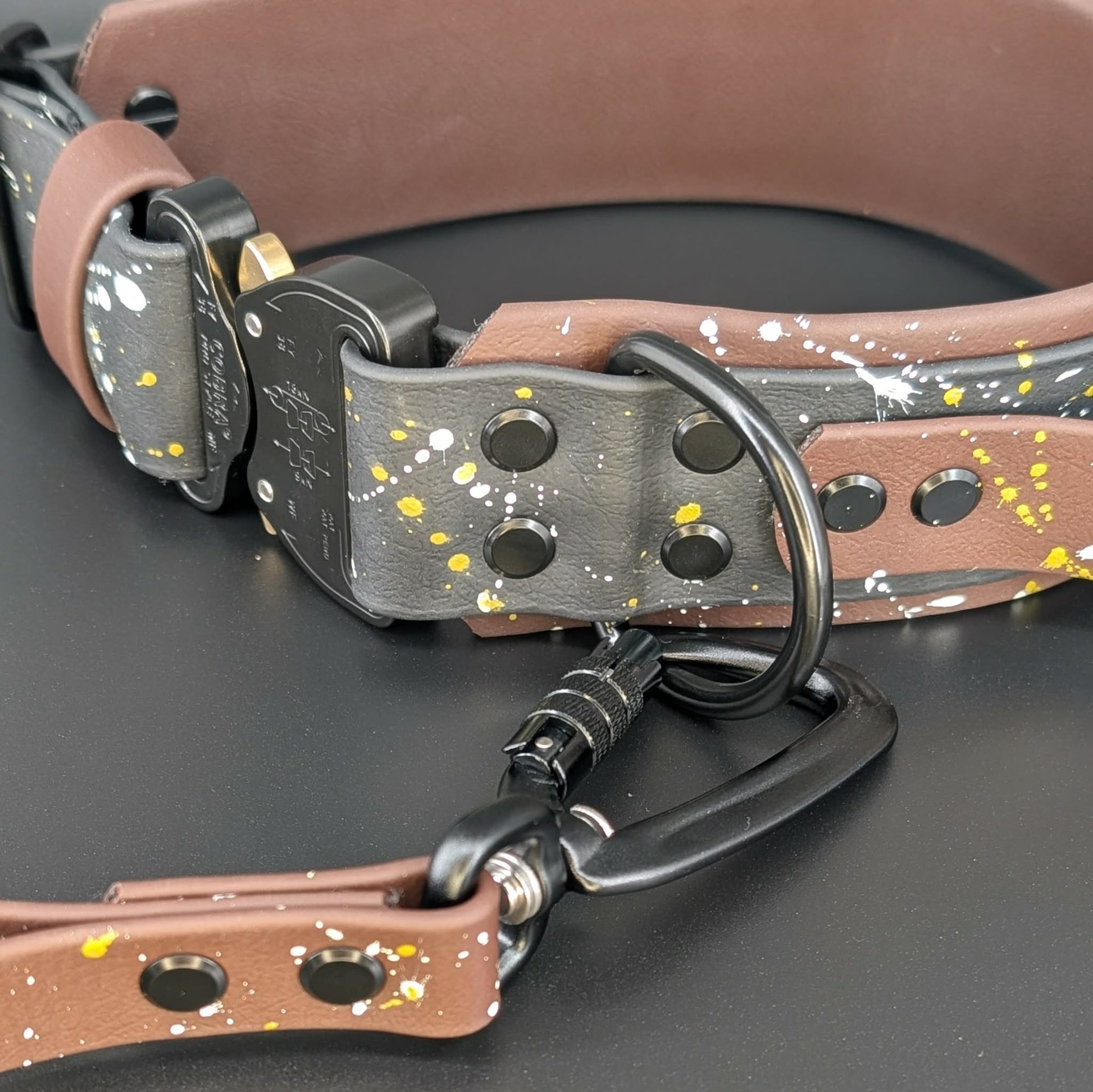 2 inch wide dark brown and black layered biothane collar with cobra buckle and traffic lead with carabiner clip set