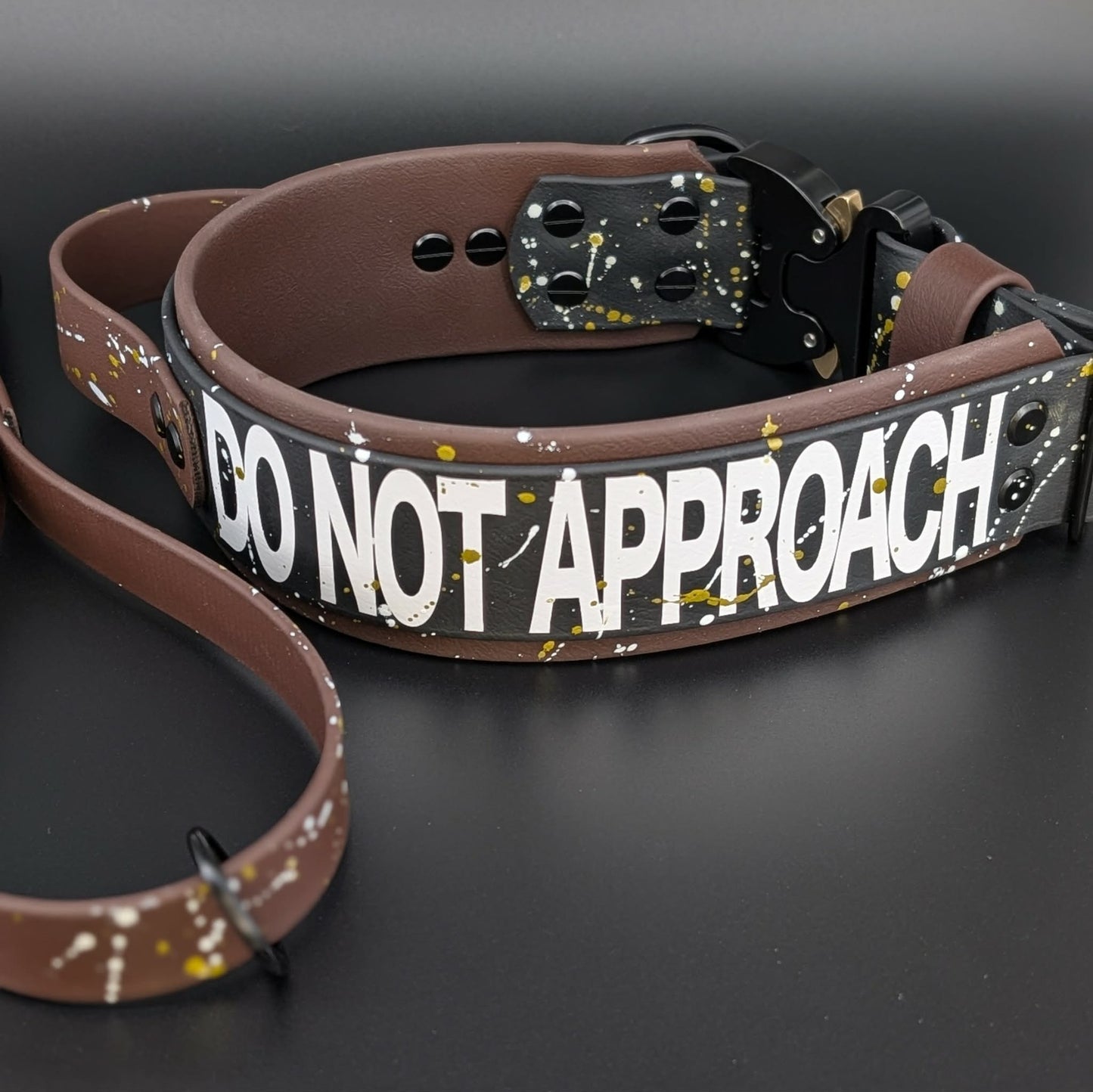 2 inch wide dark brown and black layered biothane collar with cobra buckle do not approach text and traffic lead with carabiner clip set