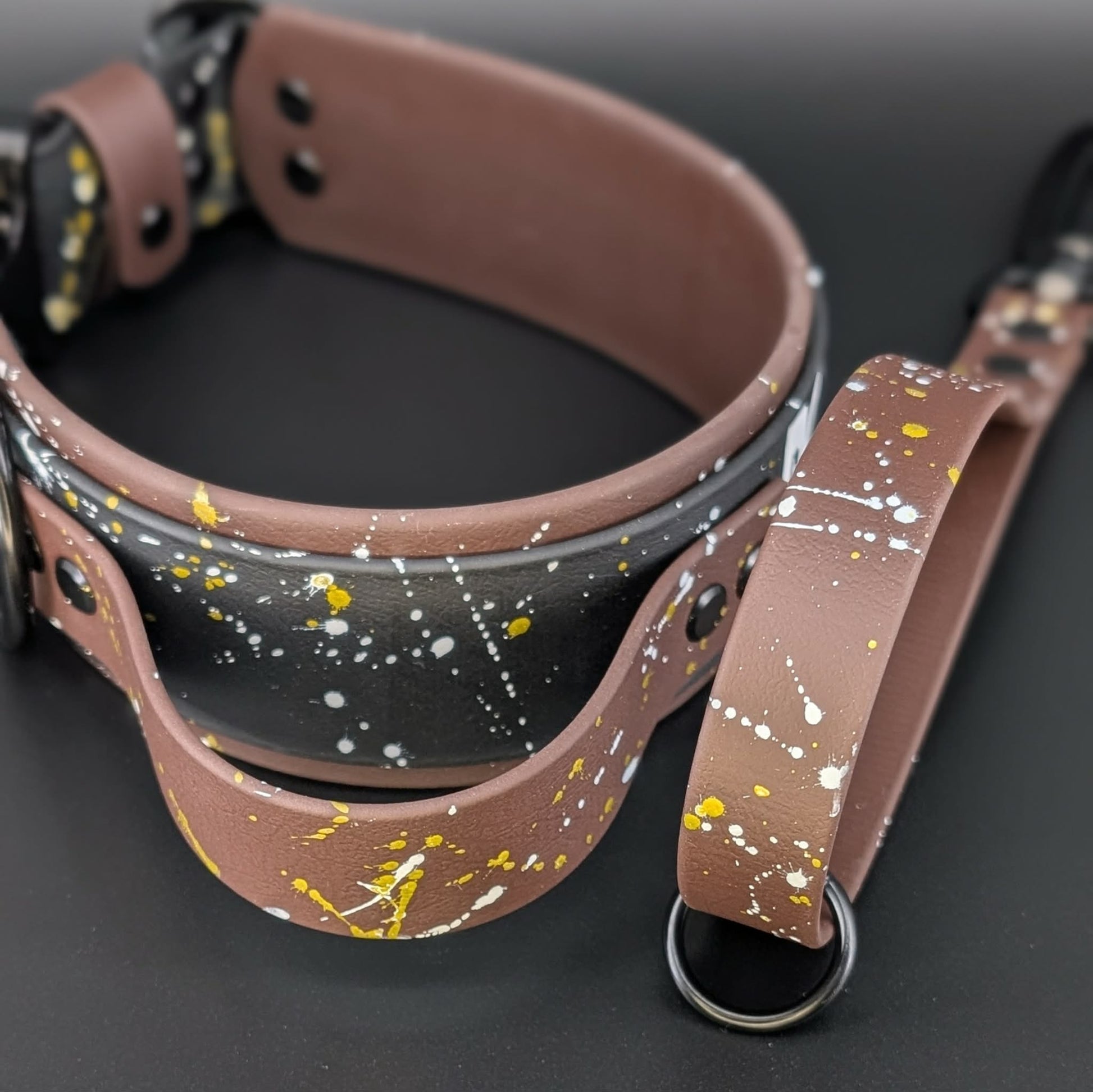 2 inch wide dark brown and black layered biothane collar with tactical handle and traffic handle set