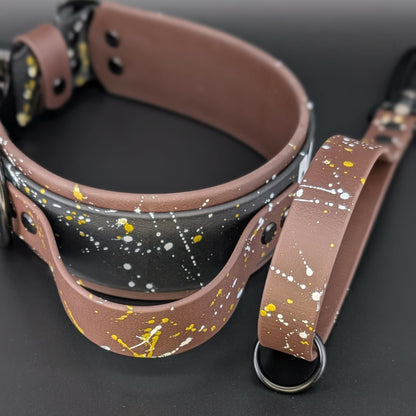 2 inch wide dark brown and black layered biothane collar with tactical handle and traffic handle set