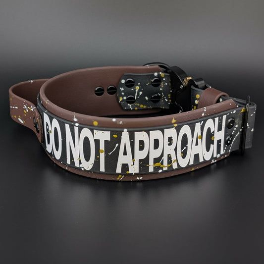 2 inch wide dark brown and black layered biothane dog collar with handle and do not approach text