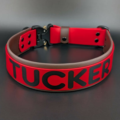 2 inch wide dark brown and red layered biothane dog collar with custom text and heavy duty quick release cobra buckle