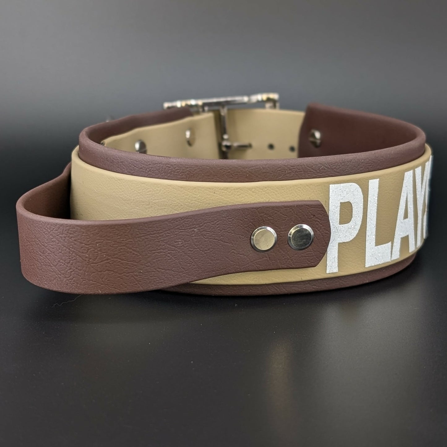 2 inch wide dark brown and tan biothane tactical handle dog collar