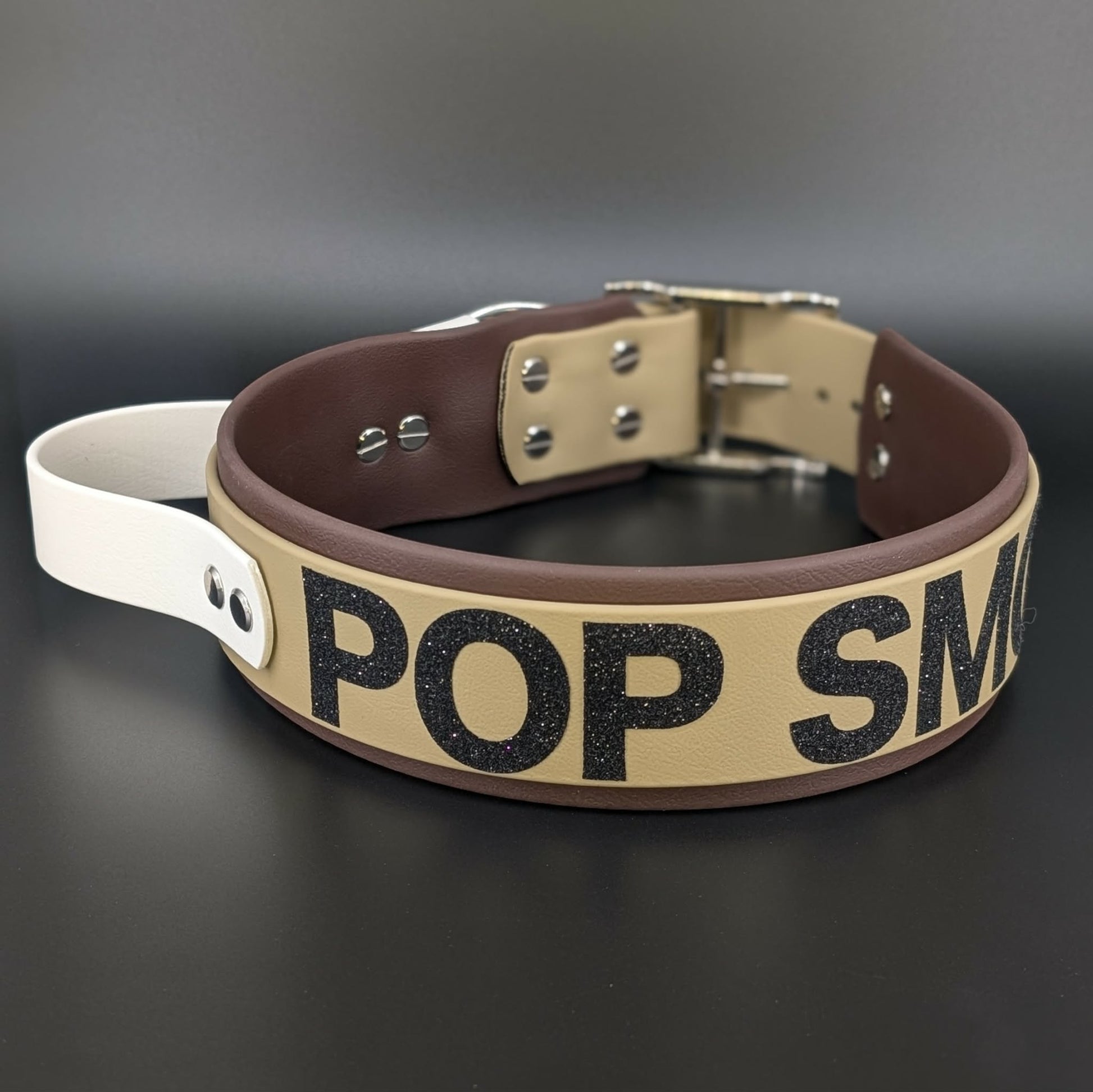 2 inch wide dark brown and tan layered biothane collar with tactical handle