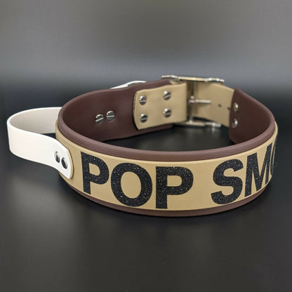 2 inch wide dark brown and tan layered biothane collar with tactical handle