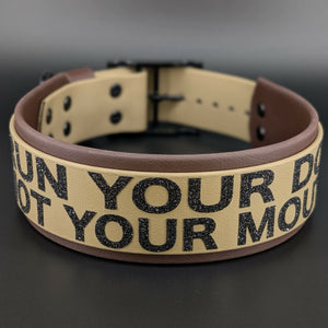 2 inch wide dark brown and tan layered biothane run your dog not your mouth collar