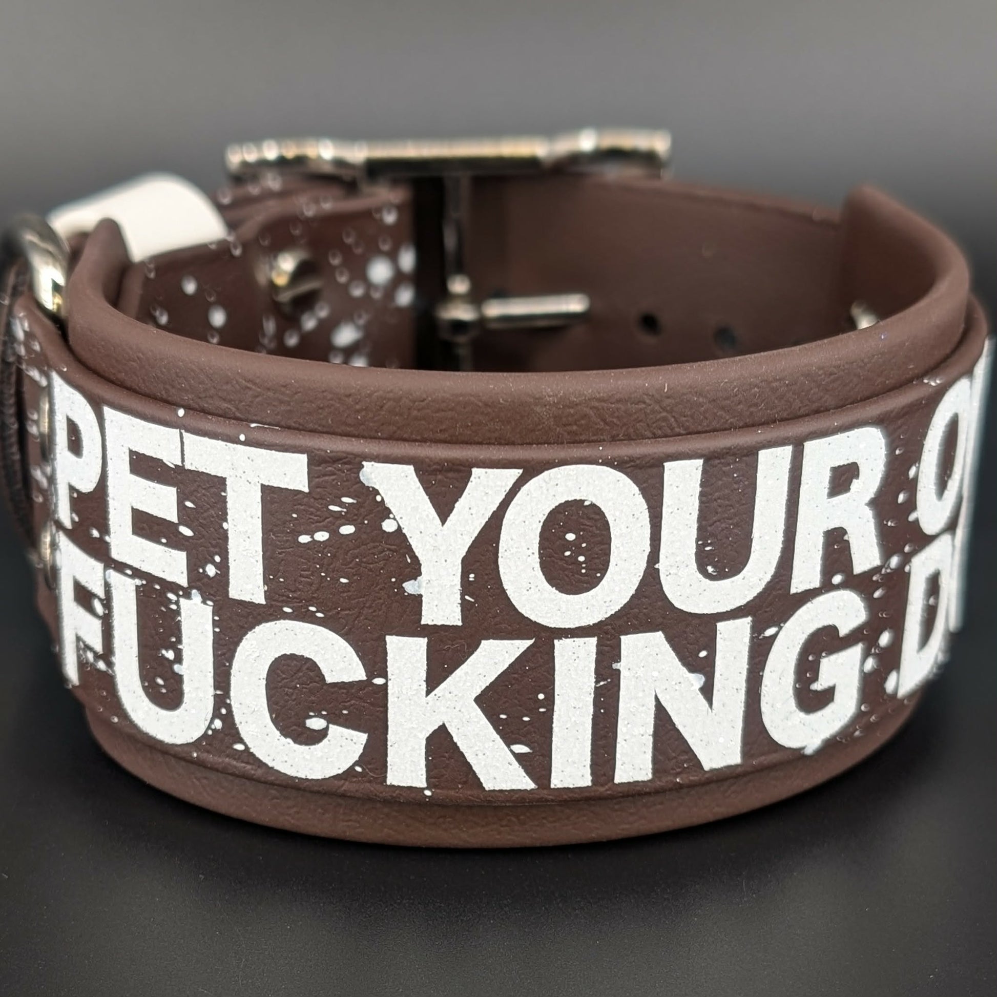 2 inch wide dark brown layered biothane pet your own fucking dog collar with splatter paint