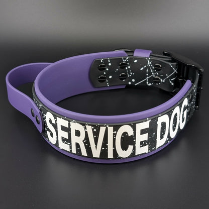 2 inch wide dark purple and black layered biothane tactical handle service dog collar