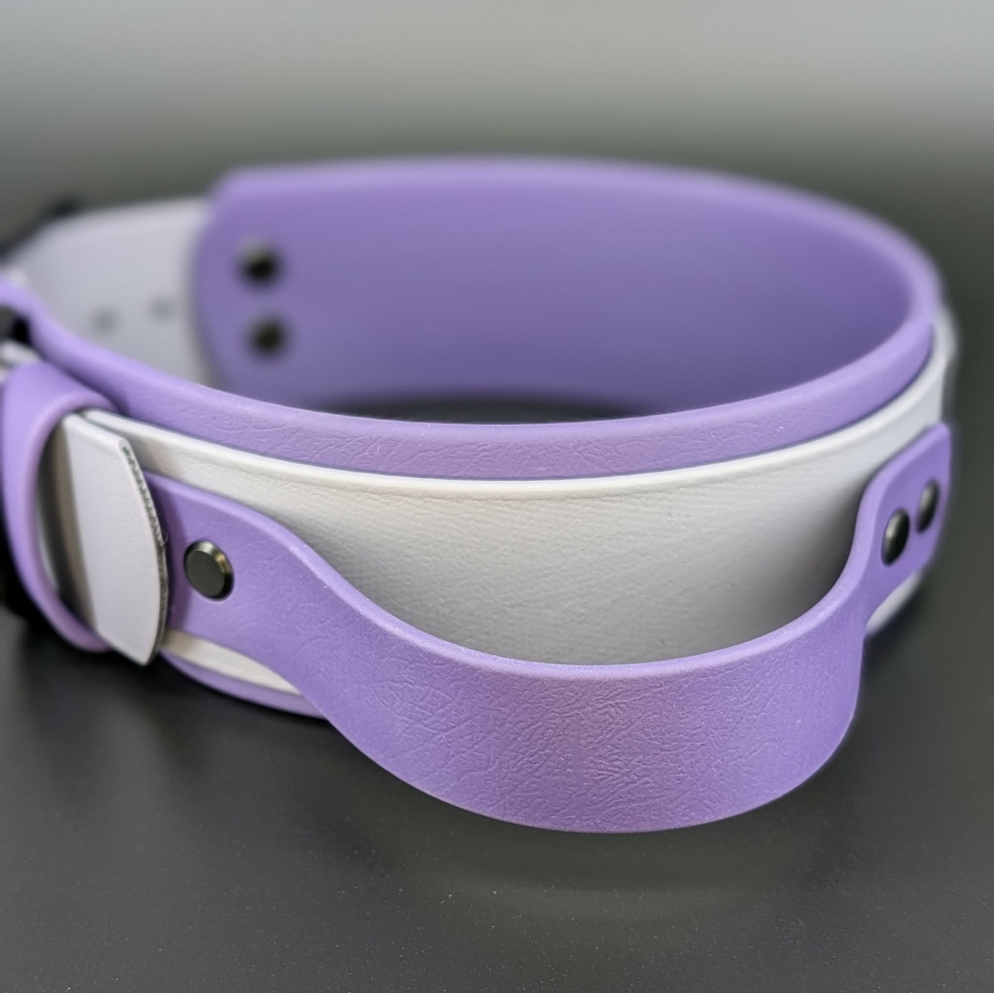 2 inch wide dark purple and gray layered biothane collar with tactical handle