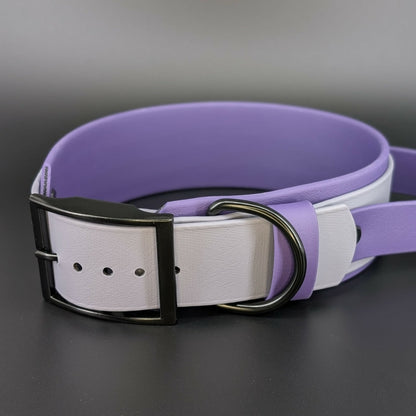 2 inch wide dark purple and gray layered biothane dog collar with tactical handle