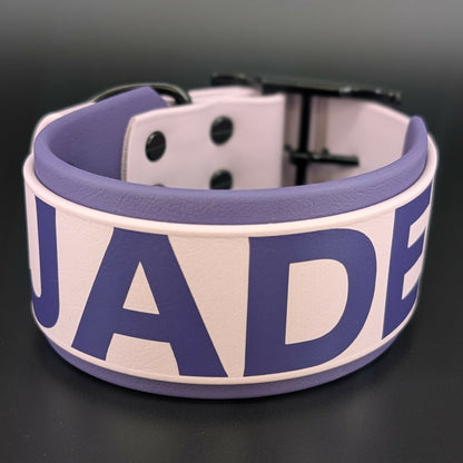 2 inch wide dark purple and lavender biothane dog collar with custom text