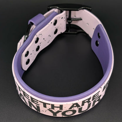2 inch wide dark purple and lavender biothane my teeth are bigger than your dick collar 15 18 inch neck