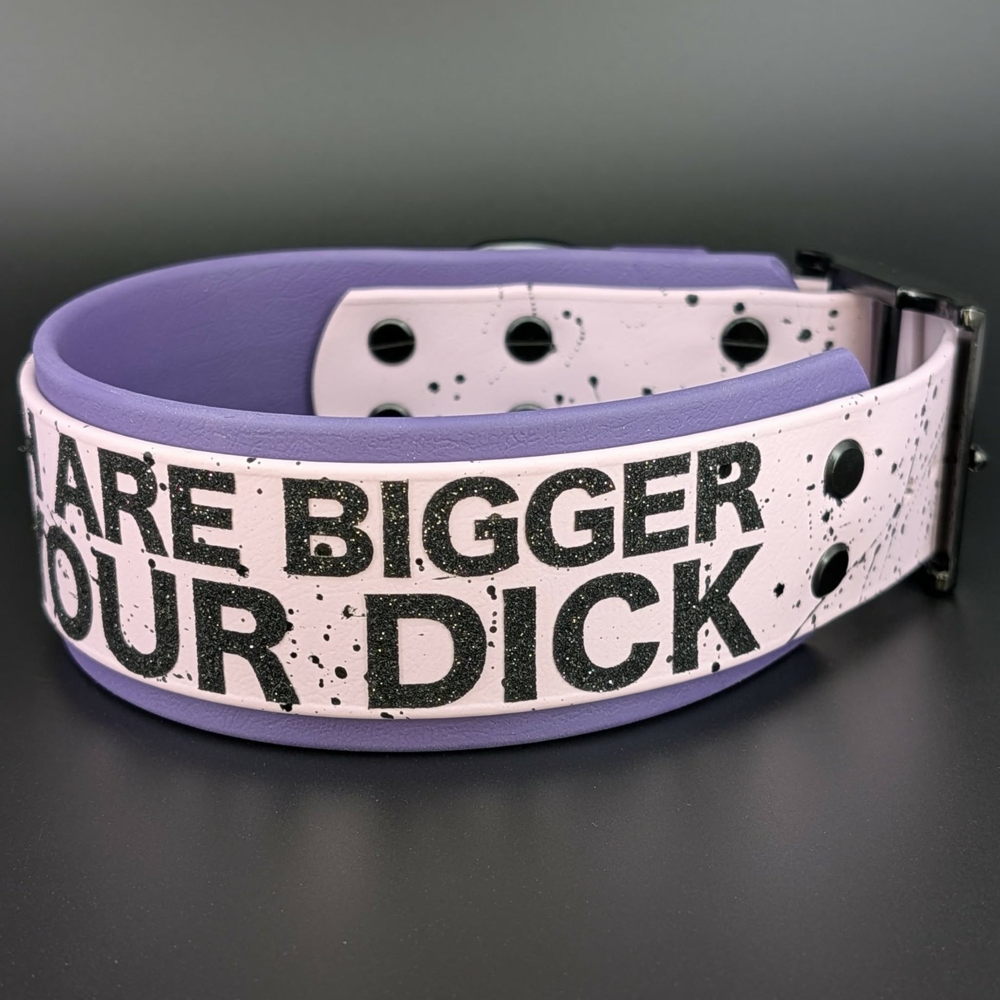 2 inch wide dark purple and lavender biothane my teeth are bigger than your dick collar with splatter paint black hardware