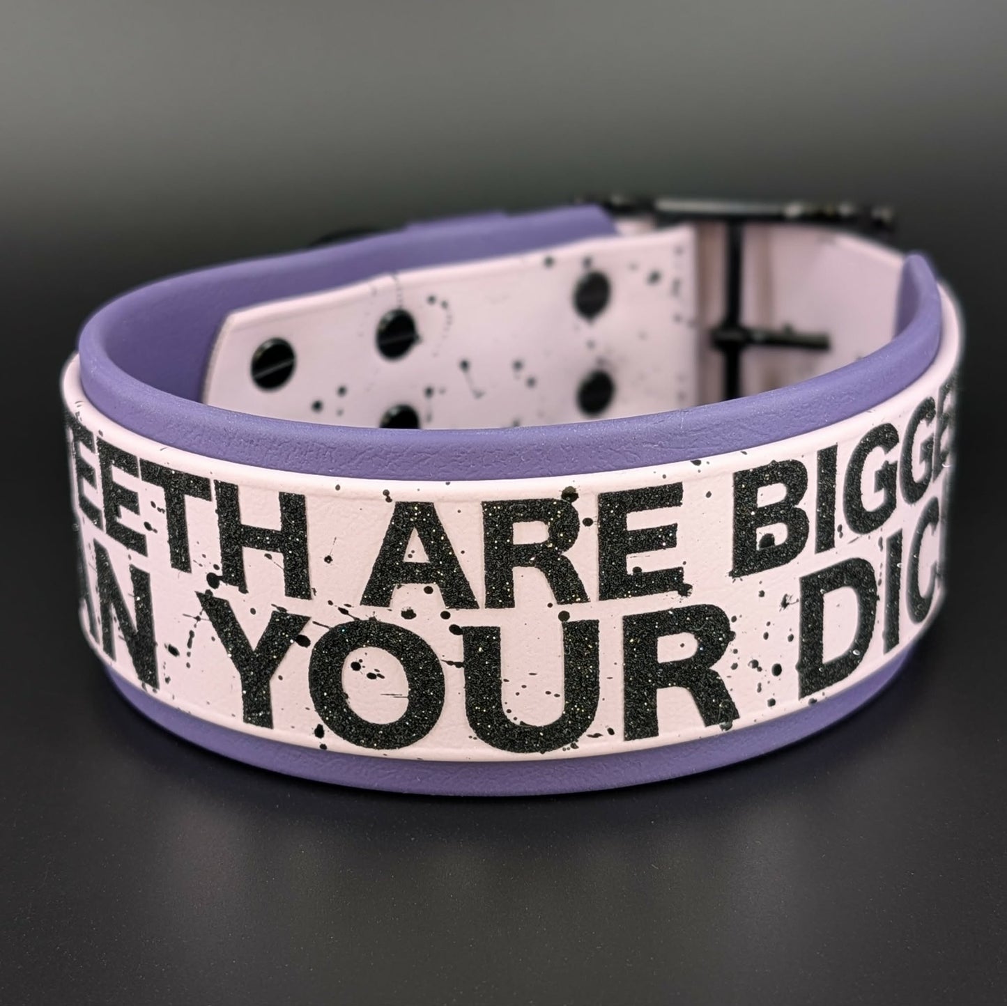 2 inch wide dark purple and lavender biothane my teeth are bigger than your dick collar with splatter paint