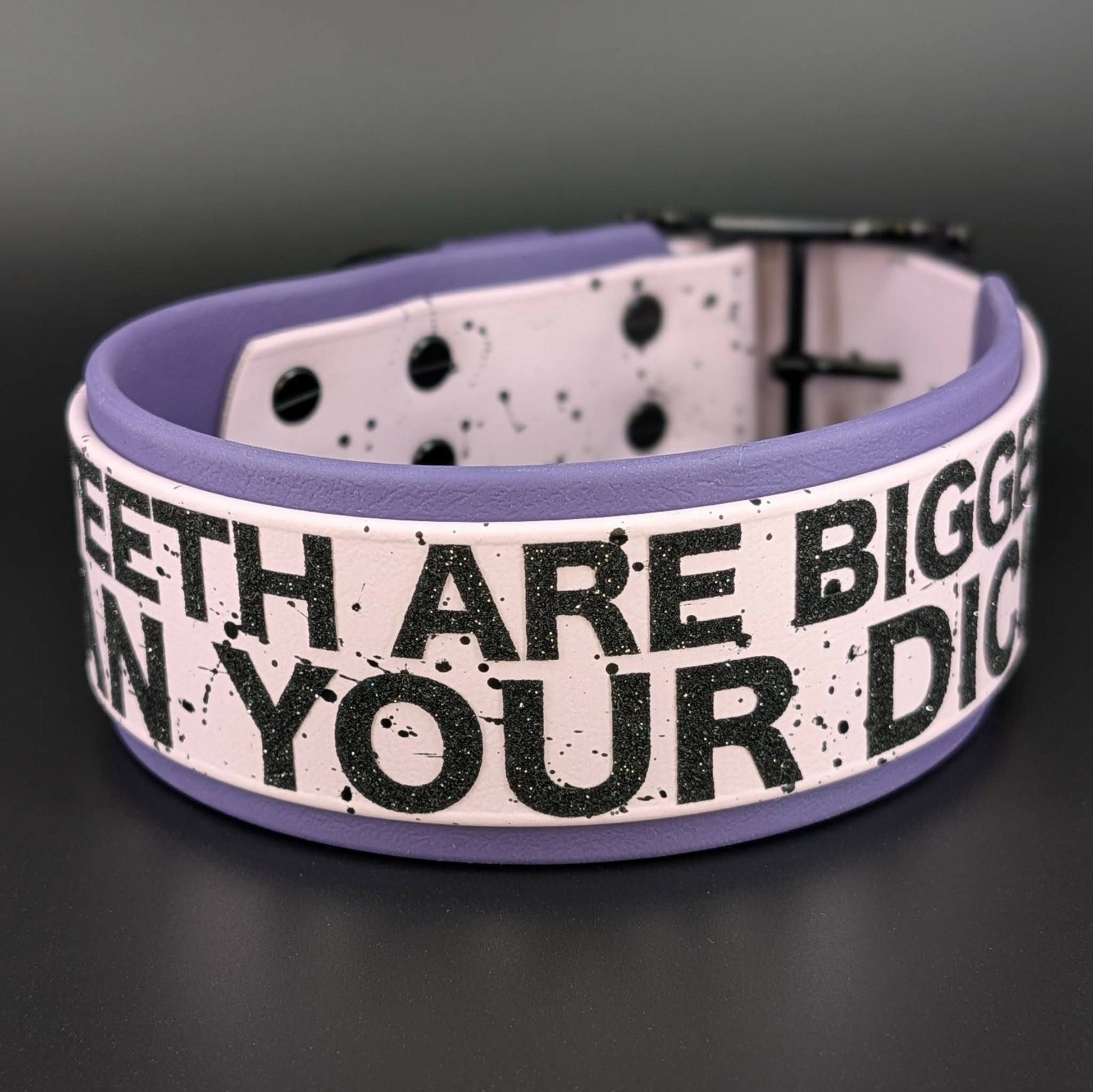 2 inch wide dark purple and lavender biothane my teeth are bigger than your dick collar with splatter paint