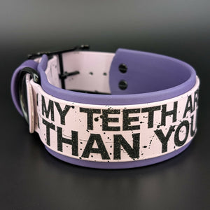 2 inch wide dark purple and lavender biothane my teeth are bigger than your dick collar