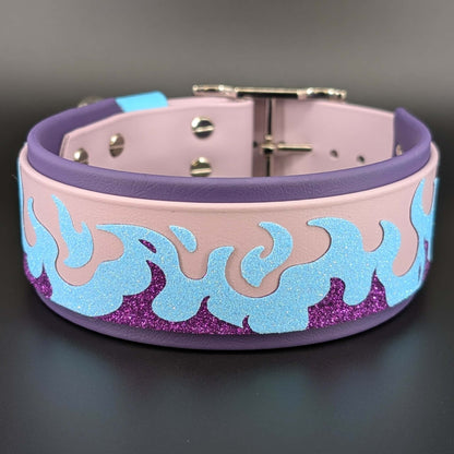 2 inch wide dark purple and lavender layered biothane fire dog collar