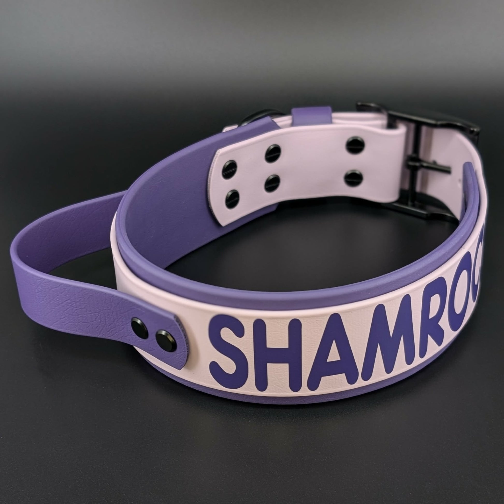 2 inch wide dark purple and lavender layered biothane handle collar with custom text