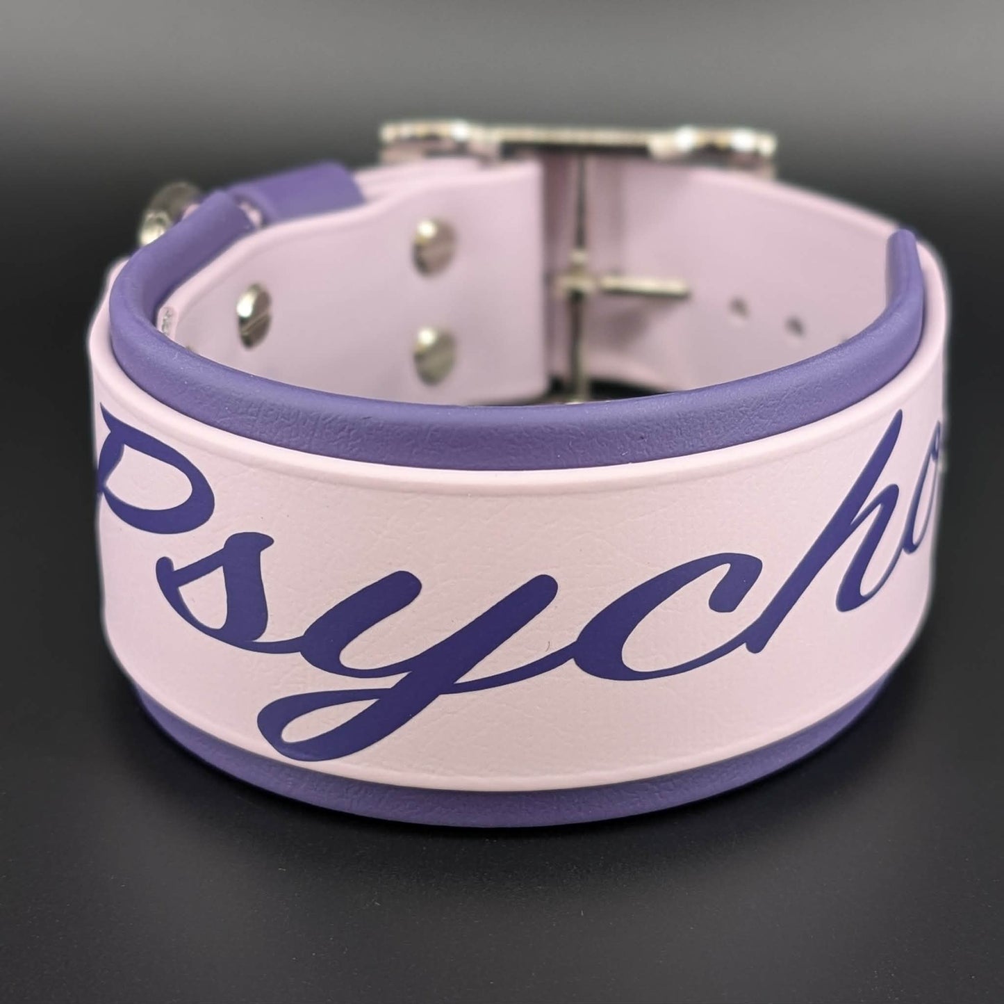 2 inch wide dark purple and lavender layered biothane psycho dog collar