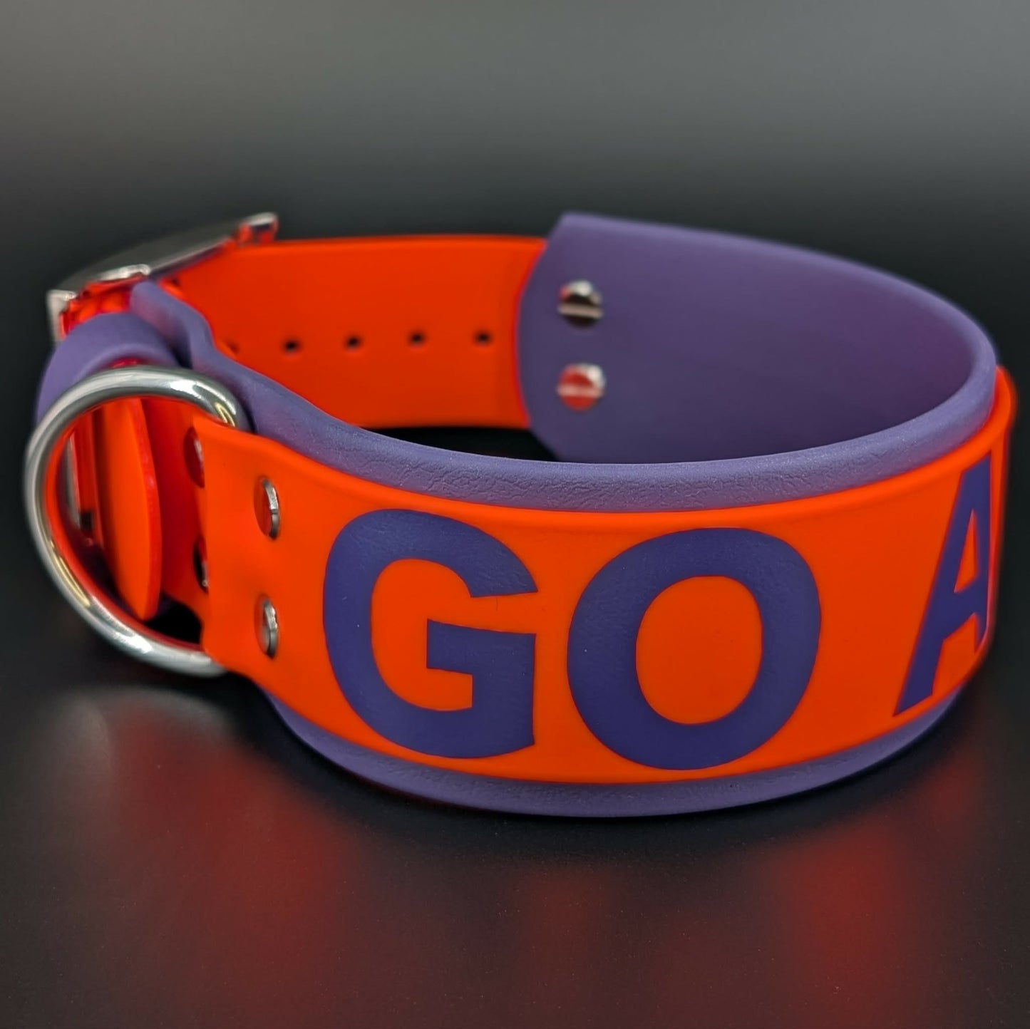 2 inch wide dark purple and orange biothane go away collar