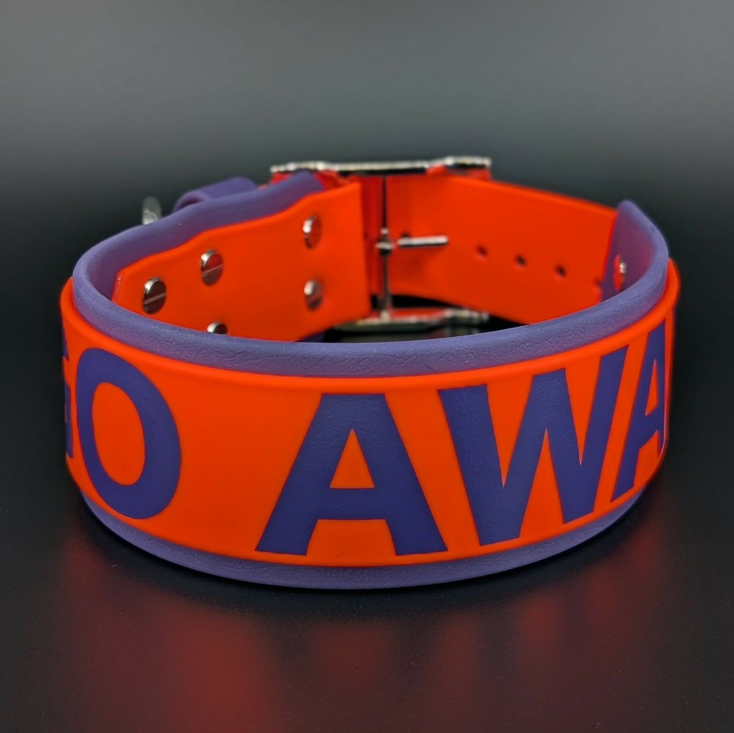 2 inch wide dark purple and orange biothane go away dog collar